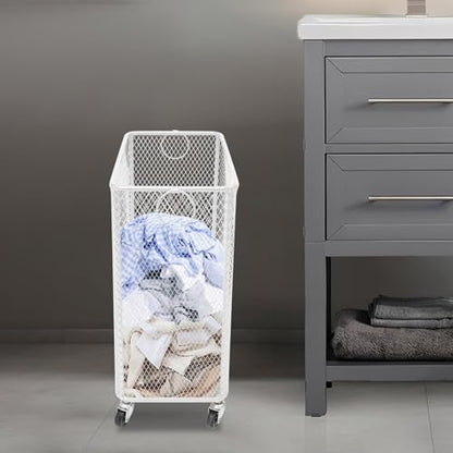 Metal Laundry Basket Cart, Rolling Laundry Hamper with Wheels, Freestanding Square Mobile Storage Cart, Raised Bottom, Round Handles, Hollow Mesh (White, 16.9x9x17.7in) - color: White, size: 16.9x9x17.7in