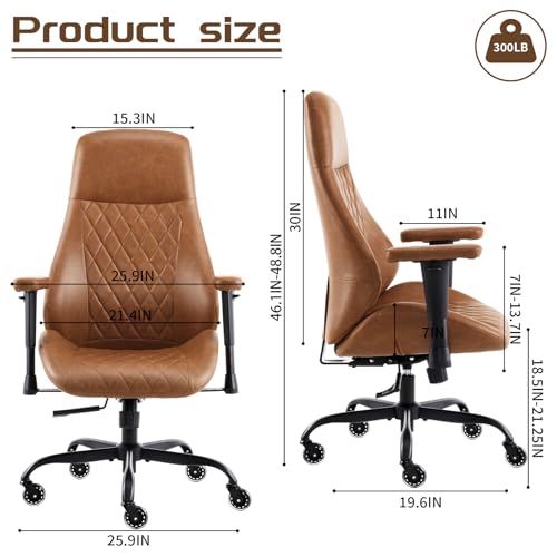 YFO Home Office Desk Chair High Back Office Rubber Casters Ergonomic Computer Chair with Lumbar Support Adjustable Height Rolling Swivel Chair Executive Task Armrests， Brown Leather - color: Brown, size: High Back