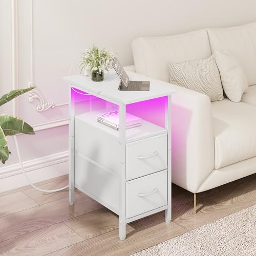 Vagusicc Set of 2 White Nightstand with Charging Station and LED Lights, Narrow Side Table, LED Night Stand with 2 Fabric Drawers, Bedside Table Small End Table, Tall Nightstand for Bedroom, White - color: White, size: 2, style: With LEDs
