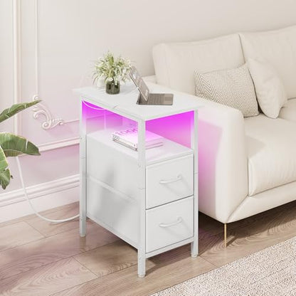 Vagusicc Set of 2 White Nightstand with Charging Station and LED Lights, Narrow Side Table, LED Night Stand with 2 Fabric Drawers, Bedside Table Small End Table, Tall Nightstand for Bedroom, White - color: White, size: 2, style: With LEDs