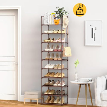 Tall 10 Tier Shoe Rack - 20-24 Pair Storage, Sturdy Metal Shoe Organizer with Hooks for Closet, Entryway, Brown - color: Brown