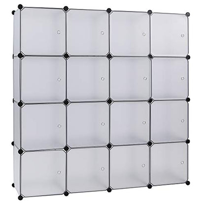 lapday Cube Storage Organizer with Doors, DIY Plastic Modular Bookshelf Closet Cabinet Space Saver for Home, Living Room, Office (16-Cube/White Panels White Door)
