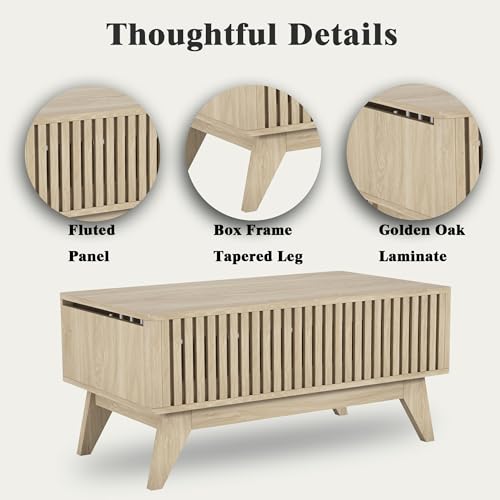 Lift Top Coffee Table with Hidden Compartment, Mid Century Modern Coffee Table for Living Room, Fluted Design Farmhouse Center Table with Storage (Wood, 35.4" W) - color: Wood
