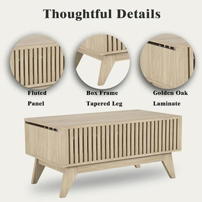 Lift Top Coffee Table with Hidden Compartment, Mid Century Modern Coffee Table for Living Room, Fluted Design Farmhouse Center Table with Storage (Wood, 35.4" W) - color: Wood