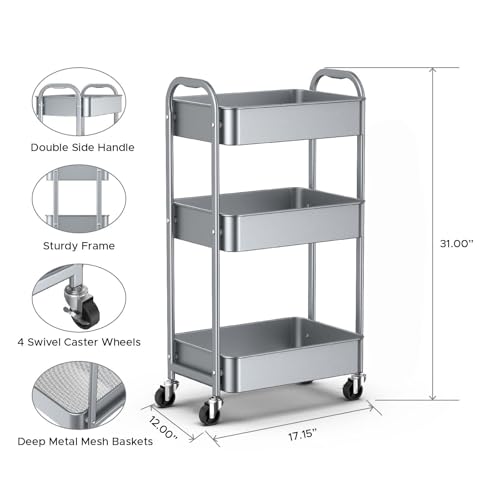 MAX Houser 3-Tier Rolling Utility Cart with Caster Wheels,Easy Assembly, for Kitchen, Bathroom (Silvery-Grey) - color: Silvery-grey, size: 3-Tier Standard Cart