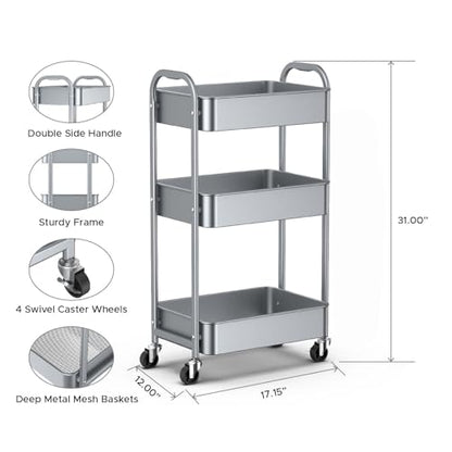 MAX Houser 3-Tier Rolling Utility Cart with Caster Wheels,Easy Assembly, for Kitchen, Bathroom (Silvery-Grey) - color: Silvery-grey, size: 3-Tier Standard Cart