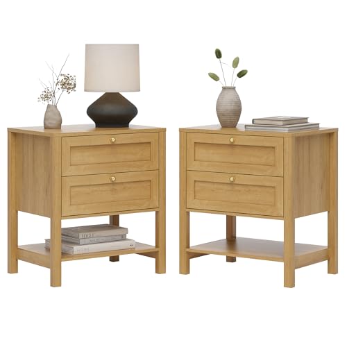 Farmhouse Nightstand Set of 2 with Drawers, 24.4" Tall Modern Wood Bedside Table with Open Shelf, Large End Table for Bedroom, Natural Oak - color: Natural Oak, size: 2 PCS (2 Drawers)