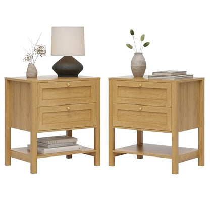 Farmhouse Nightstand Set of 2 with Drawers, 24.4" Tall Modern Wood Bedside Table with Open Shelf, Large End Table for Bedroom, Natural Oak - color: Natural Oak, size: 2 PCS (2 Drawers)