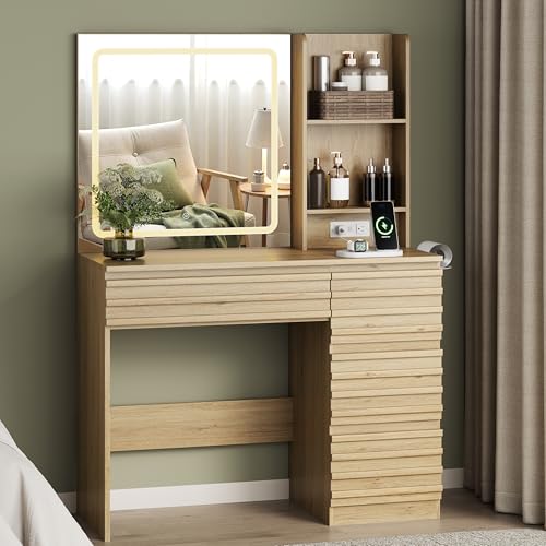 Vanity Desk with Lights, Fluted Vanity with 4 Drawers, Open Shelves, Power Outlet, LED Lighted Mirror, 3 Lighting Modes & Brightness Adjustable, Wood Dressing Table for Bedroom,Natural Oak - color: Natural Oak