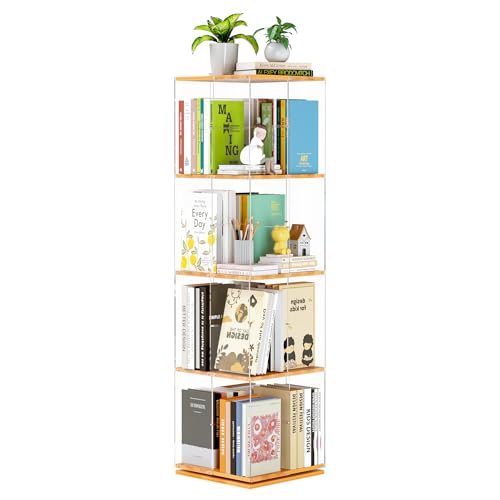 TAKEKIT Rotating Bookshelf, 360 Degree Revolving Bookcase, 4-Tier Spinning Bookshelf, Clear Acrylic & Solid Wood Rotating Bookcase for Kid’s Playroom, Bedroom and Living Room, Square - color: Natural Square, size: 4-Tier