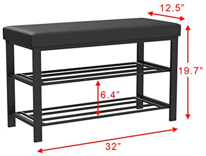 Finnhomy Entryway Shoe Rack with Cushioned Seat, Shoe Bench for Entry, 2 Shelves Storage Bench w/Faux Leather Top Bed Bench, Black - style: Traditional