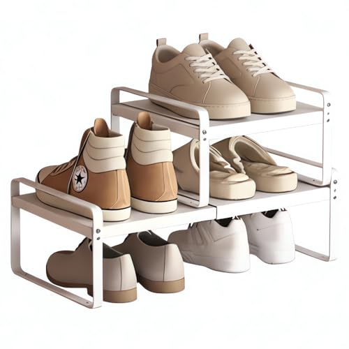 2-Pack Expandable Shoe Rack, Closet Organizer, 7" High, 15"-24" | Set of 2 1-Tier Metal Shelves; Adjustable Width Design; Compact Heavy-Duty Storage for Entryway, Bedroom & Small Spaces - color: White 2-pack, size: H: 7"