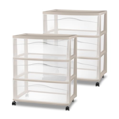 Sterilite 2 Pack Wide 3 Drawer Storage Cart, Rolling Organization, Grey | Clear Plastic Organizer Drawers with Wheels for Craft Supplies, Bath Essentials, or Home Accessories - color: Gray, size: 2-Pack
