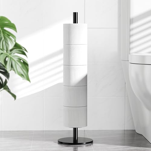 Freestanding Toilet Paper Holder with Shelf,5 Roll Storage,Matte Black | Holds 5 Toilet Paper Rolls,Rustproof Stainless Steel,Waterproof Storage Shelf,Freestanding No Drilling Design,Easy Assembly - color: Matte Black