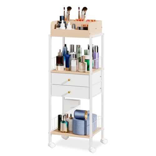 Makeup Organizer Cart Shelf Floor Skincare Organizers Make Up and Station Storage Cabinet For Vanity Standing Cosmetics With Drawers and Wheels For Nail Polish Perfume Hair Tool Holder Beauty(White) - color: White