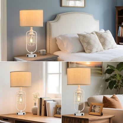 Farmhouse Table Lamps for Living Room Set of 2, Lamps for Night Stands Set of 2, Industrial Bedside Lamps for Bedroom Nightstand with USB A+C, Bulbs Included - color: White