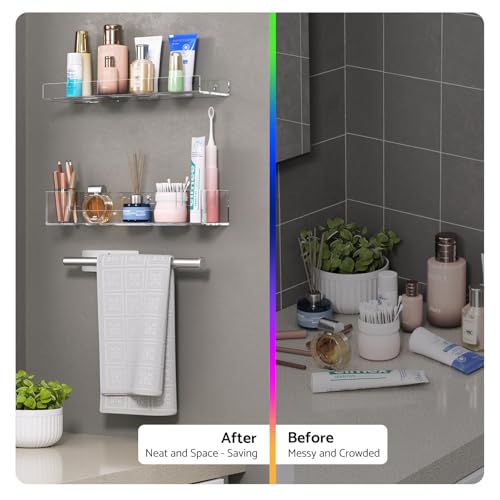 HIIMIEI Bathroom Shelves Wall Mounted: Clear Floating Shelf with Hand Towel Bar, 14.9in Acrylic Hanging Shelves Over Toilet, Set of 3 Bathroom Organizers Rack for Skin Care, Perfume, Lotion, Storage