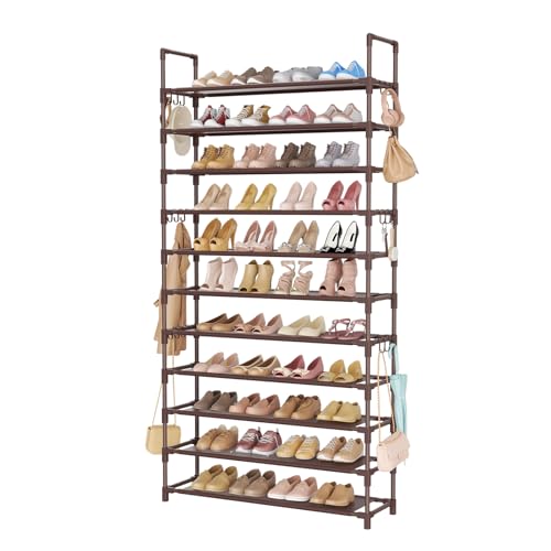LANTEFUL 11 Tiers Tall Shoe Rack Holds 55 Pairs of Shoes with 18pcs Hooks Sturdy Wide Shoe Organizer Storage Free Standing Metal Shoe Shelf for Closet, Entryway Brown - color: Brown, size: 11 Tier-74.8" High-34" Wide