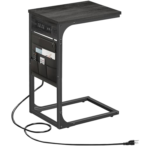 TUTOTAK C Shaped End Table with Charging Station, Side Table for Sofa, Couch Table with Storage Bag, TV Tray Table with 2 USB Ports and Outlets for Living Room, Bedroom, TB01BY024 - color: Grey, size: 1 Pack (11.8"W), style: With Plug