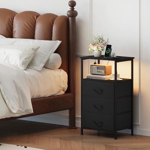 Somdot Nightstands Set of 2 with 3 Drawers, Charging Station & LED Light | Open-Shelf End Tables for Bedside, Small Spaces, Bedroom, Entryway and Hallway, Black - color: Black, size: 11.8"D x 15.7"W x 28.3"H (3 Drawers)