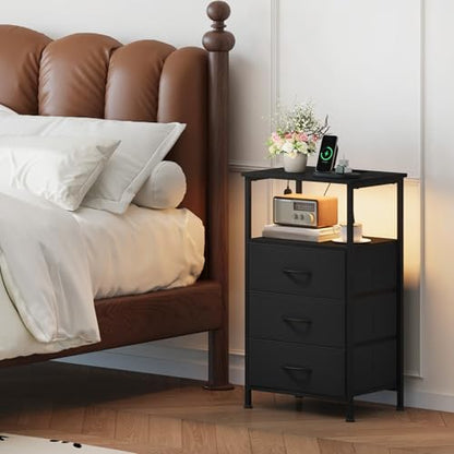 Somdot Nightstands Set of 2 with 3 Drawers, Charging Station & LED Light | Open-Shelf End Tables for Bedside, Small Spaces, Bedroom, Entryway and Hallway, Black - color: Black, size: 11.8"D x 15.7"W x 28.3"H (3 Drawers)
