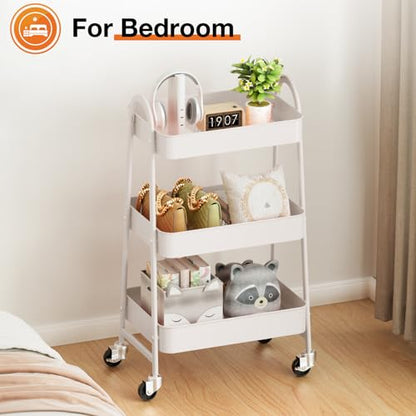 NEWBULIG 3-Tier Metal Rolling Cart with Lockable Wheels, Heavy Duty Mobile Utility Storage Shelf, Roller Book Snack Cart, Organization for Livingroom, Bathroom, Office, White | Mobile Organizer Shelf, Space-Saving, Freestanding, Bathroom, Living Room, Sli