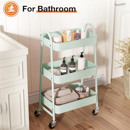 3-Tier Metal Rolling Utility Cart, Small Rolling Cart Kitchen Trolley Bathroom Laundry Room Bar Office Shelves Storage Organizer Shelving Unit with Caster Wheels for Narrow Places, Green - color: Green