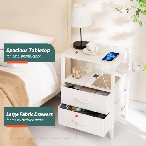 Yoobure Nightstand with Charging Station, LED Night Stand with Fabric Drawers and Storage Shelf for Bedroom, Nightstands Bedside Tables with USB Ports & Outlets, Small Night Stands, Bed Side Table - color: White
