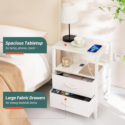 Yoobure Nightstand with Charging Station, LED Night Stand with Fabric Drawers and Storage Shelf for Bedroom, Nightstands Bedside Tables with USB Ports & Outlets, Small Night Stands, Bed Side Table - color: White