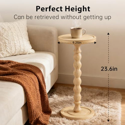 Small Round Side Table for Small Spaces | Wood Pedestal Drink Table & Narrow End Table for Living Room Couch, Modern Bedside Nightstand for Bedroom (Natural Wood) - color: Natural Wood