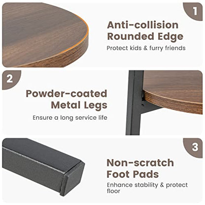 Giantex Round End Table Set of 2, Retro Bedside Table with Open Storage Shelf & Sturdy Triangular Metal Frame, Versatile Accent Table for Bedroom, Living Room & Study, Easy Assembly (2, Walnut)