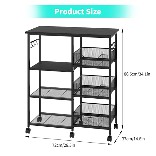 HapiRm Rolling Kitchen Carts with Storage - Microwave Table Stand with 6 Hooks & 3 Baskets, kitchen Island Cart on Lockable Wheels, 28.3" L × 14.6" W Bakers Rack Cart for Dining Room Coffee Bar Office - color: Black