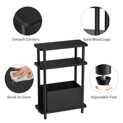 THUMEYE Narrow Side Table with Fabric Basket, 7" Wide, 3 Tier Skinny End Table with Wood Legs, Slim Nightstand/Bedside Table for Small Spaces, with Adjustable Feet, 15.7" L x 23" H - color: Black, size: 3-Tier