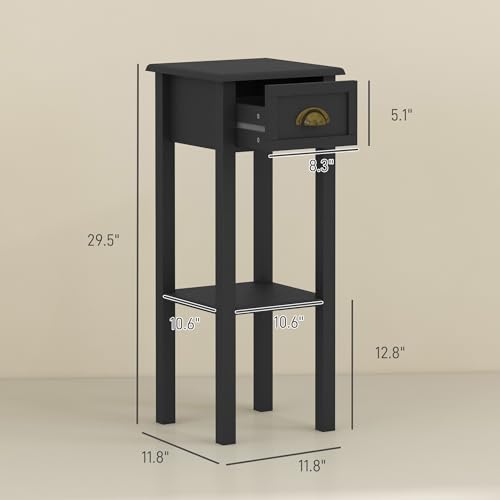 HOMCOM Narrow End Table with Drawer and Bottom Shelf, Slim Side Table for Small Spaces, Skinny Modern Accent Desk for Living Room, Set of 2, Black - color: Black