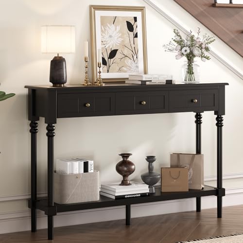 JOINICE Console Tables with Drawers,43" Entryway Table with Shelf and Solid Wood Legs,Narrow Long Sofa Table with Storage, Wood Foyer Tables for Entryway,Living Room,Hallway,Black - color: Black