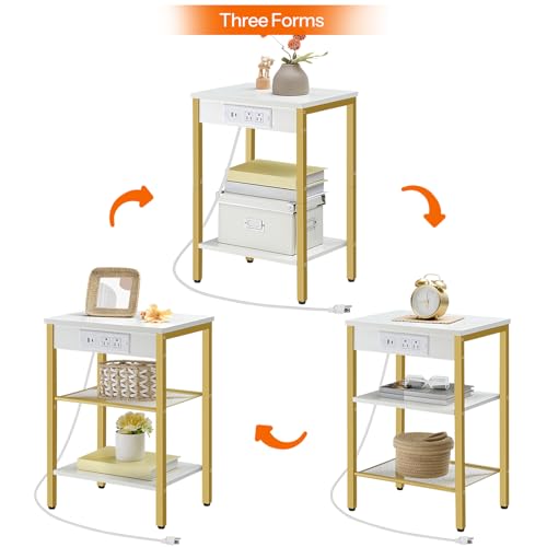 HOOBRO Side Tables Set of 2 with Charging Station and USB Port, Small End Tables for Small Space, 3-Tier Nightstands with Adjustable Shelf, for Living Room, Bedroom, White and Gold DW112BZP201G1 - color: White + Gold