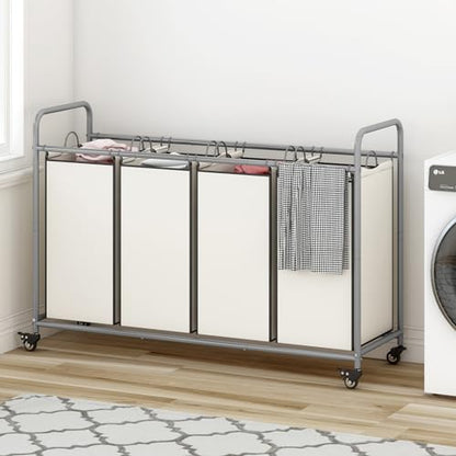 LINZINAR 4 Section Laundry Hamper, Beige Laundry Basket 180L Laundry Sorter | Laundry Room Organization with Heavy Duty Rolling Lockable Wheels and Removable Bag, Bedroom Laundry Cart for Clothes Storage - size: 4 Bags Beige