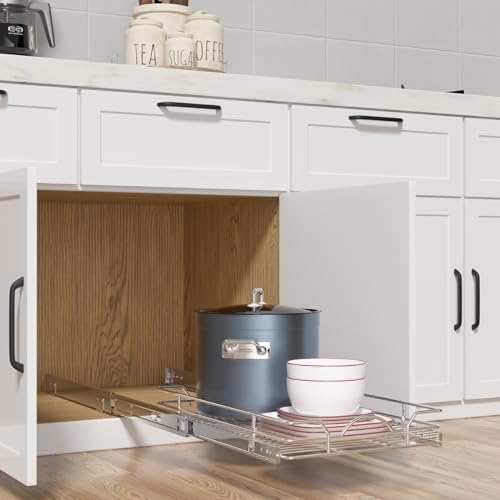 OCG Pull Out Cabinet Organizer (21" W x 21" D), Pull out Shelves 1 Tier, Cabinet Slide Out Shelves for Base Cabinet Organization in Kitchen Bathroom Pantry, Bottom Mount, Chrome Finish - size: 21"W x 21"D, 1 Tier