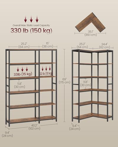 VASAGLE 6 Tier Bookshelf with Metal Frame, Convertible Industrial Corner Shelf, 9.4 x 40.2 x 69 Inches, for Living Room, Bedroom, Home Office, Rustic Brown and Ink Black ULLS606K01 - size: 6 Tiers (40.2"W)