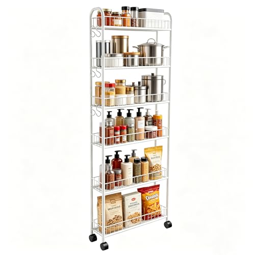 Slim Rolling Storage Cart with Wheels, 6in 6 Tier White | Narrow Space Shelving Unit, Metal Wire Mobile Organizer Rack for Kitchen Bathroom Office Laundry - size: 6in White Cart