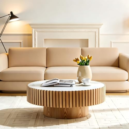 Round Coffee Table Wood Ø35.43'' X 13.77''H Drum Coffee Tables Sintered Stone Tabletop for Living Room Small Space Fluted Circle Cocktail Tea Modern Center Apartment Home Furniture Easy Assembly - color: 35.43 Wood Sintered