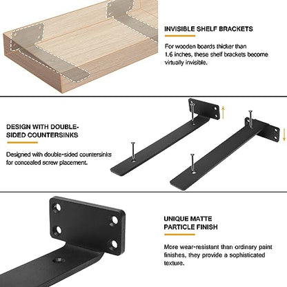 HITOMEN Heavy Duty Floating Shelf Brackets, 12-Inch (1/5'' Thick) Hidden Shelves Hardware, Cast Iron L Brackets, Rustic Industrial Black Metal Wall Shelving Supports, 6 Pack - size: 12 Inch, style: 6 Pack
