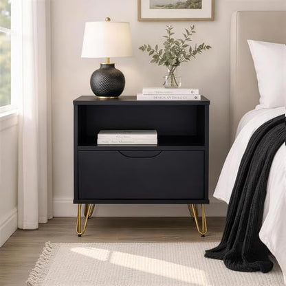 Manhattan Comfort Avira 20 Inch Nightstand with Drawer and Shelf, Mid Century Modern Bedroom Stand with Storage, Compact Side End Table with Metal Legs, Black - color: Black