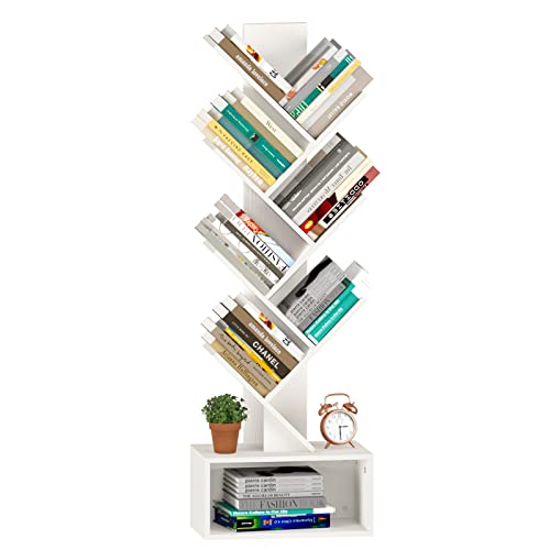 Yoobure Tree Bookshelf, 6 Tier Small Book Shelf Retro Floor Standing Bookcase, Wood Book Storage Organizer Rack, Tall Narrow Bookshelves for Corner/Bedroom/Living Room/Home Office, White - color: White
