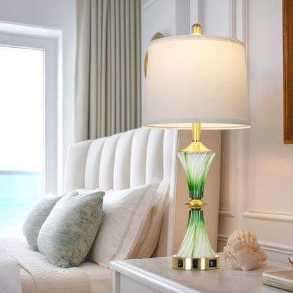 Rinweey Green Glass Table Lamp Set of 2 with USB C+A Ports & AC Outlet, Bedside Lamp, Modern Bedroom Lamps, Coastal Lamp for Night Stands Bedroom Living Room,Nightstand Lamp LED Bulbs Included - color: Green