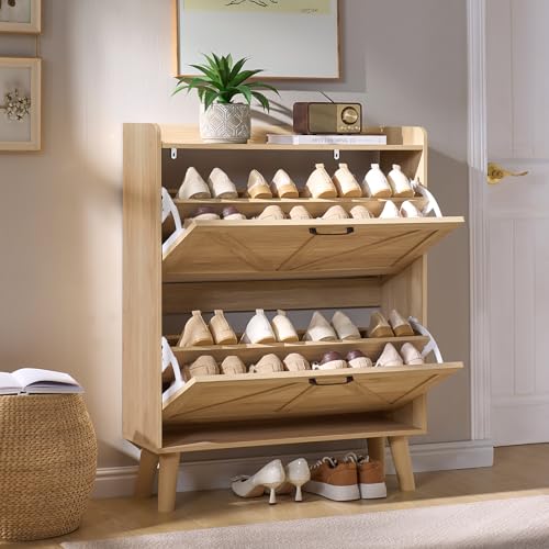 LEYAOYAO Shoe Cabinet Storage for Entryway with 2 Flip Drawers Rack Narrow Organizer Slim Hidden Wood Shoe Cabinet Furniture Natural - color: Natural