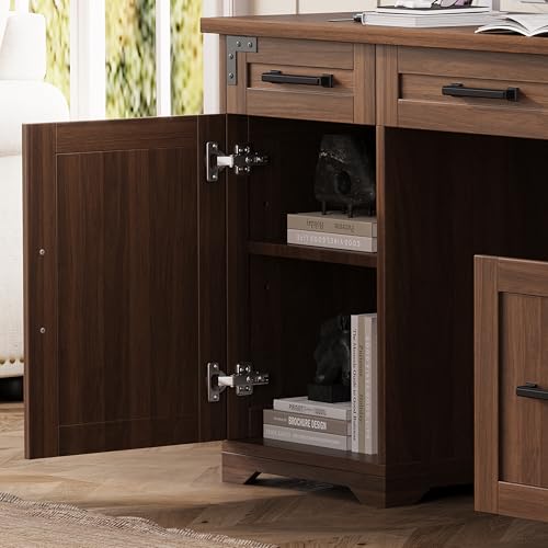 55" Farmhouse Executive Desk with Charging Station & Power Outlet, Home Office Computer Desk with 5 Drawers and Storage Cabinet, Rustic Wood Writing Study Table with File Drawer (Walnut-05) - color: Walnut-05