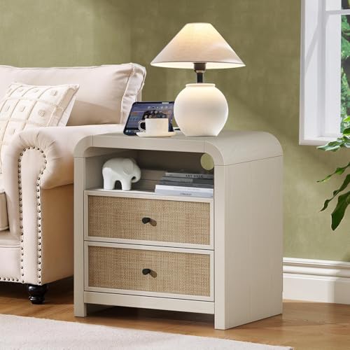 Oak&Sparrow Rattan Nightstand, 23.6'' Rattan End Table with Ample Storage, Boho Nightstand with Charging Station, Thickened Curved Profile Design, Oak Nightstands for Living Room, Bedroom - color: Antique White, size: 1 Piece