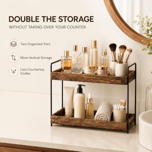 mahueeol 2 Tier Wood Counter Organizer | Bathroom Vanity Use, Kitchen Use - style: Rustic