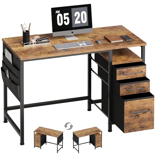 Ｍａｉｈａｉｌ Maihail Small Desk with Drawers, 40 inch Computer Desk with Shelves, Writing Desk with Storage, Small Office Desk with Metal Frame, Rustic Brown2 - color: Rustic Brown, size: 40 inch